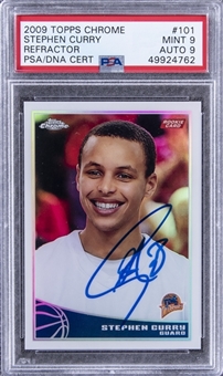 2009/10 Topps Chrome Refractor #101 Stephen Curry Signed Rookie Card (#026/500) – PSA MINT 9, PSA/DNA 9